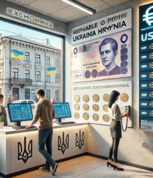 DALL·E 2025-03-25 04.39.22 - A reliable and modern currency exchange office in Ukraine, with a clean, professional interior. People are exchanging money, and one person is checkin