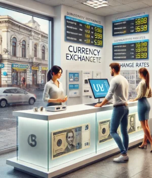DALL·E 2025-03-25 10.00.52 - A modern and clean currency exchange office in Mukachevo, Ukraine. Customers are exchanging currency at the counter. One person is using a UV light de